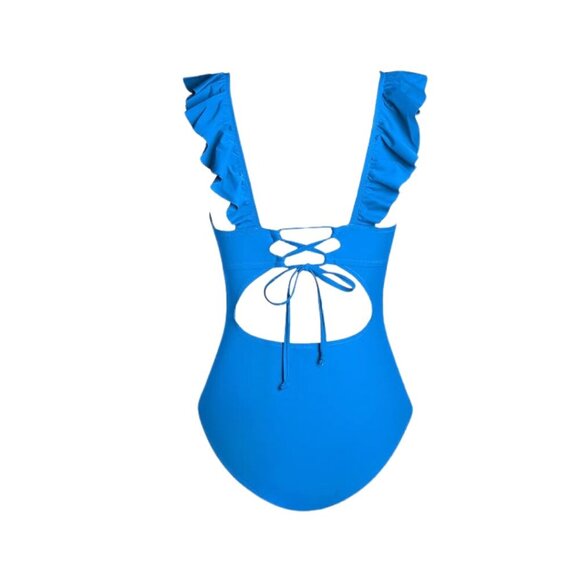 NWT CUPSHE Women's Ruffled One Piece Swimsuit V Neck Lace Up Back Royal Blue XS - Picture 4 of 14